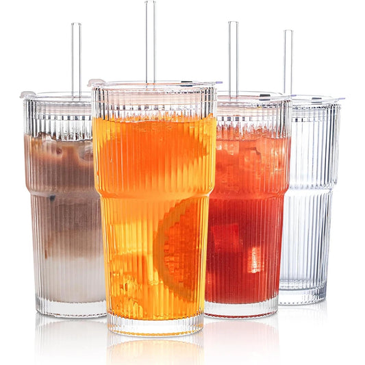 1/2/4Piece 20Ounces Glass Cup with Leak Proof Lid Thickened Glass and Glass Straw for Iced Coffee Smoothies Cocktails and Juices