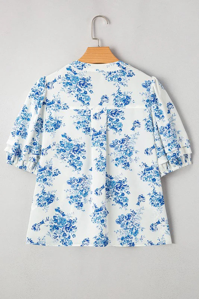 Sky Blue Floral Print Puff Sleeve Pleated Shirt