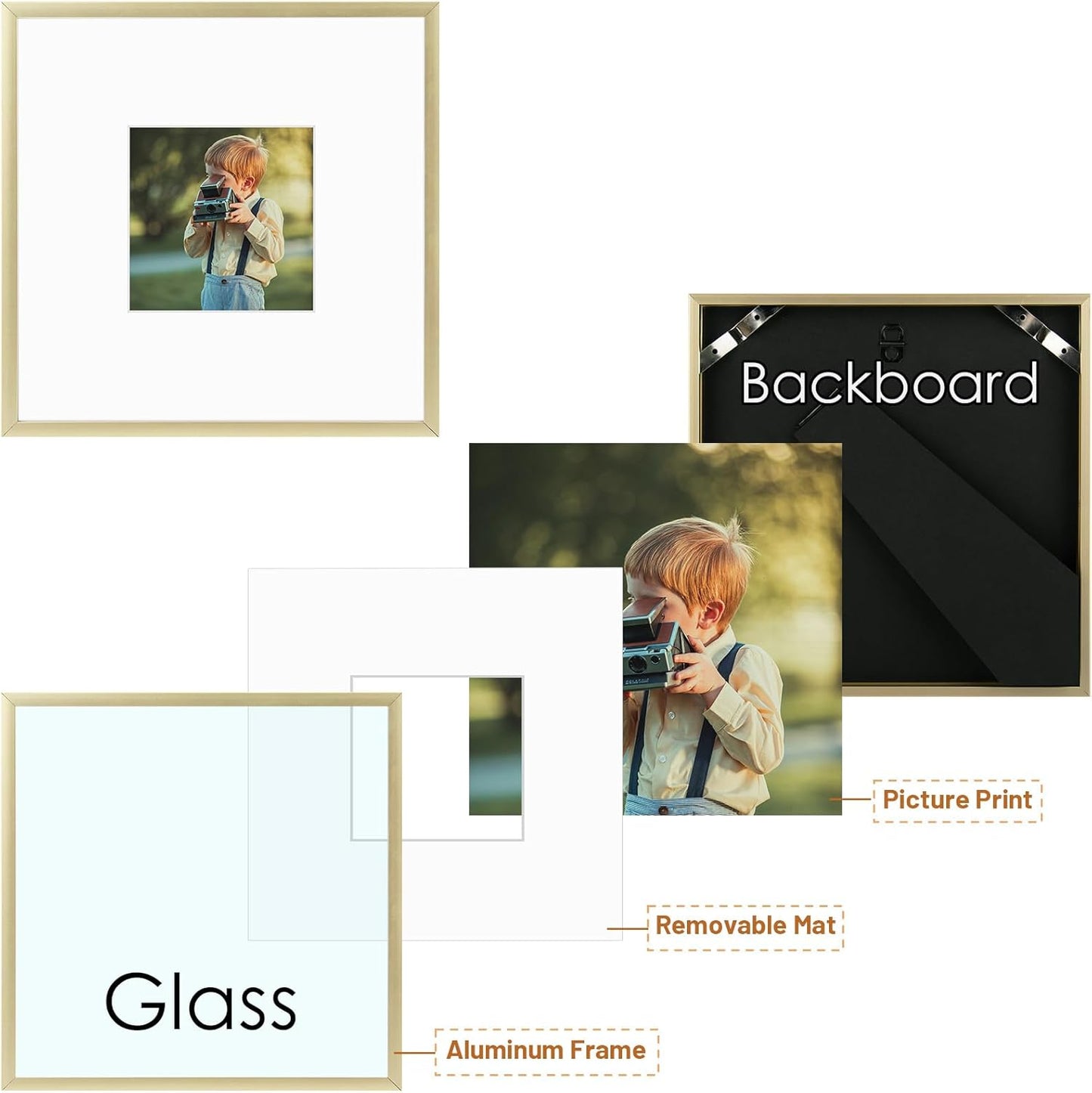 Frametory, 8X8 Gold Aluminum Picture Frame - Set of 1 - Ideal for Displaying 4X4 Photos with Mat or 8X8 without Mat - Real Glass Front - Simple Gallery Wall Frames for Art Prints and Posters