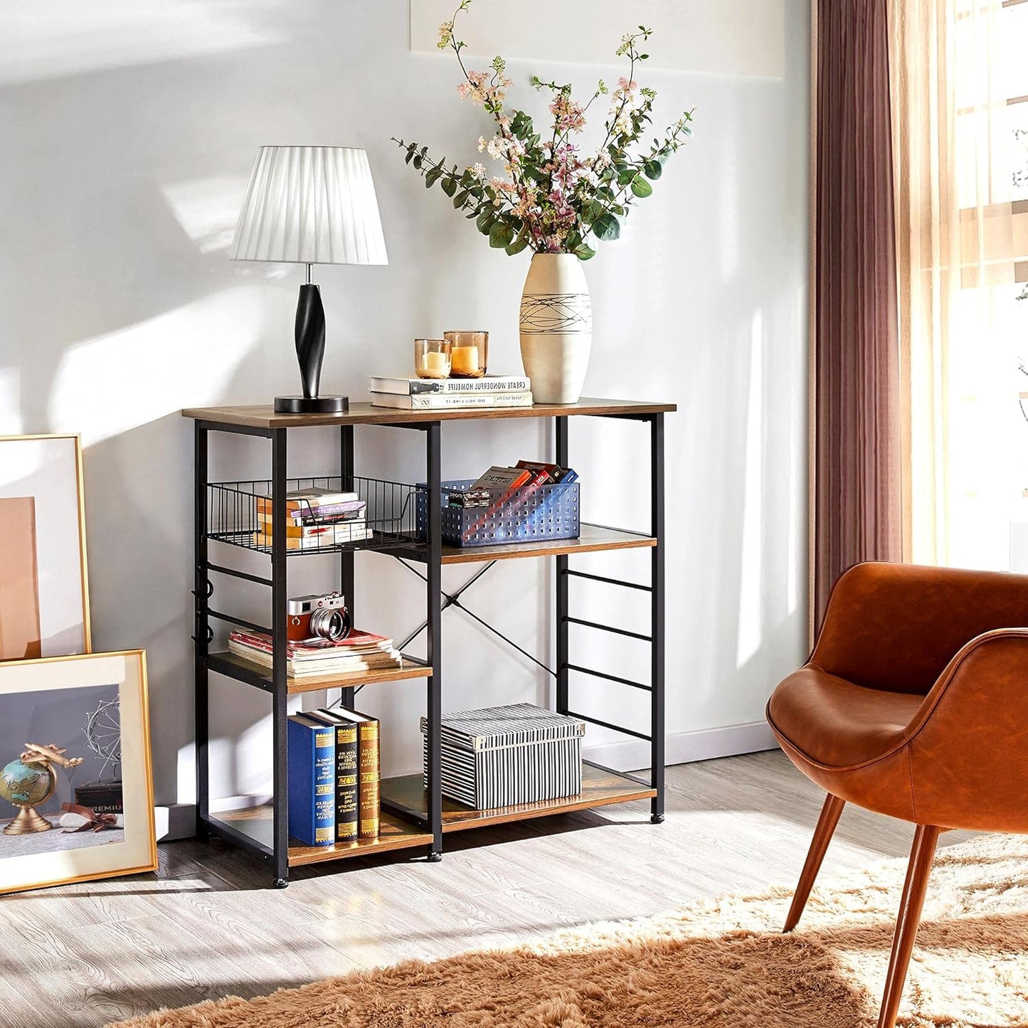 Yaheetech 4-Tier Kitchen Baker'S Rack, Coffee Bar Microwave Stand Cart with Wire Basket & 6 Side Hooks, Kitchen Organizer Shelf for Spices/Utensils Foods, Rustic Brown