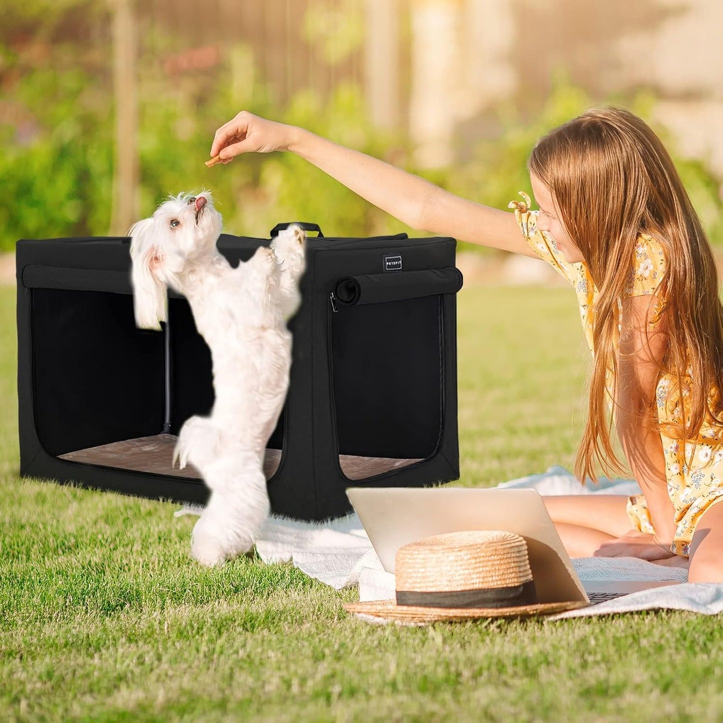 PETSFIT Portable Dog Crate, Soft Dog Crate - 24 Inch Easy Set-Up, Light, Sturdy, Comfy inside with Thicken Mat, Collapsible Crate for Home and Travel Black