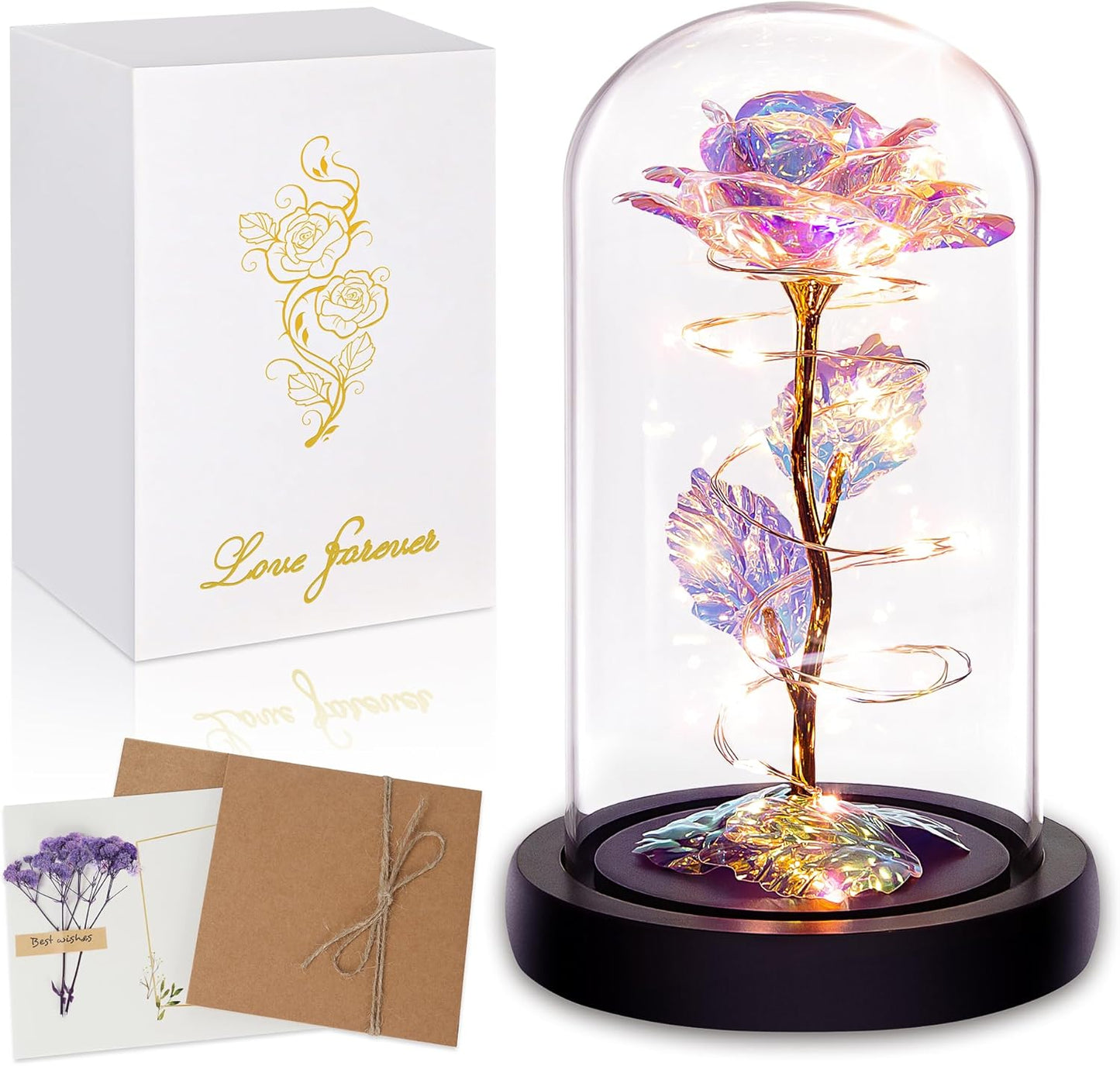 Childom Birthday Gifts for Women,Christmas Flowers Gifts for Her,Women,Mom,Wife,Grandma,Light up Rose in Glass Dome,Colorful Rainbow Flowers for Christmas,Anniversary,Valentines,Birthday