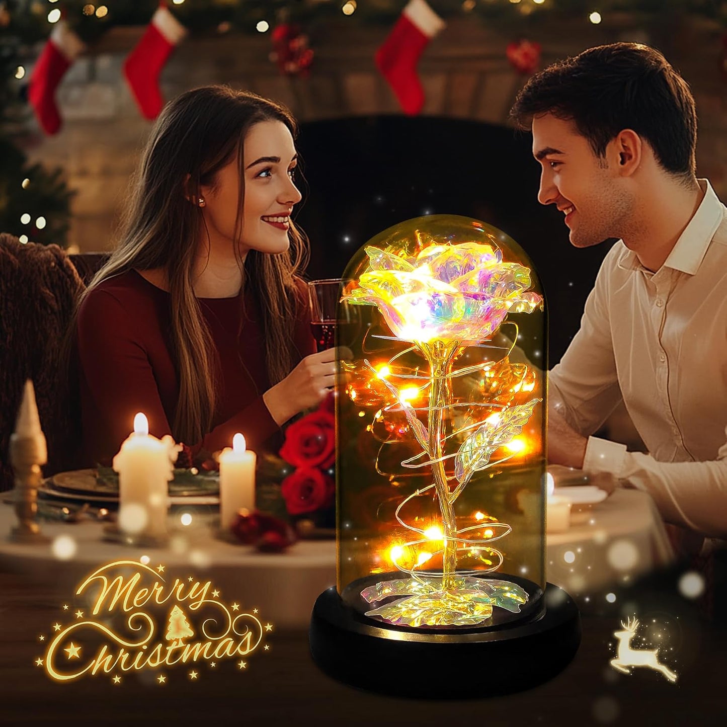 Childom Birthday Gifts for Women,Christmas Flowers Gifts for Her,Women,Mom,Wife,Grandma,Light up Rose in Glass Dome,Colorful Rainbow Flowers for Christmas,Anniversary,Valentines,Birthday