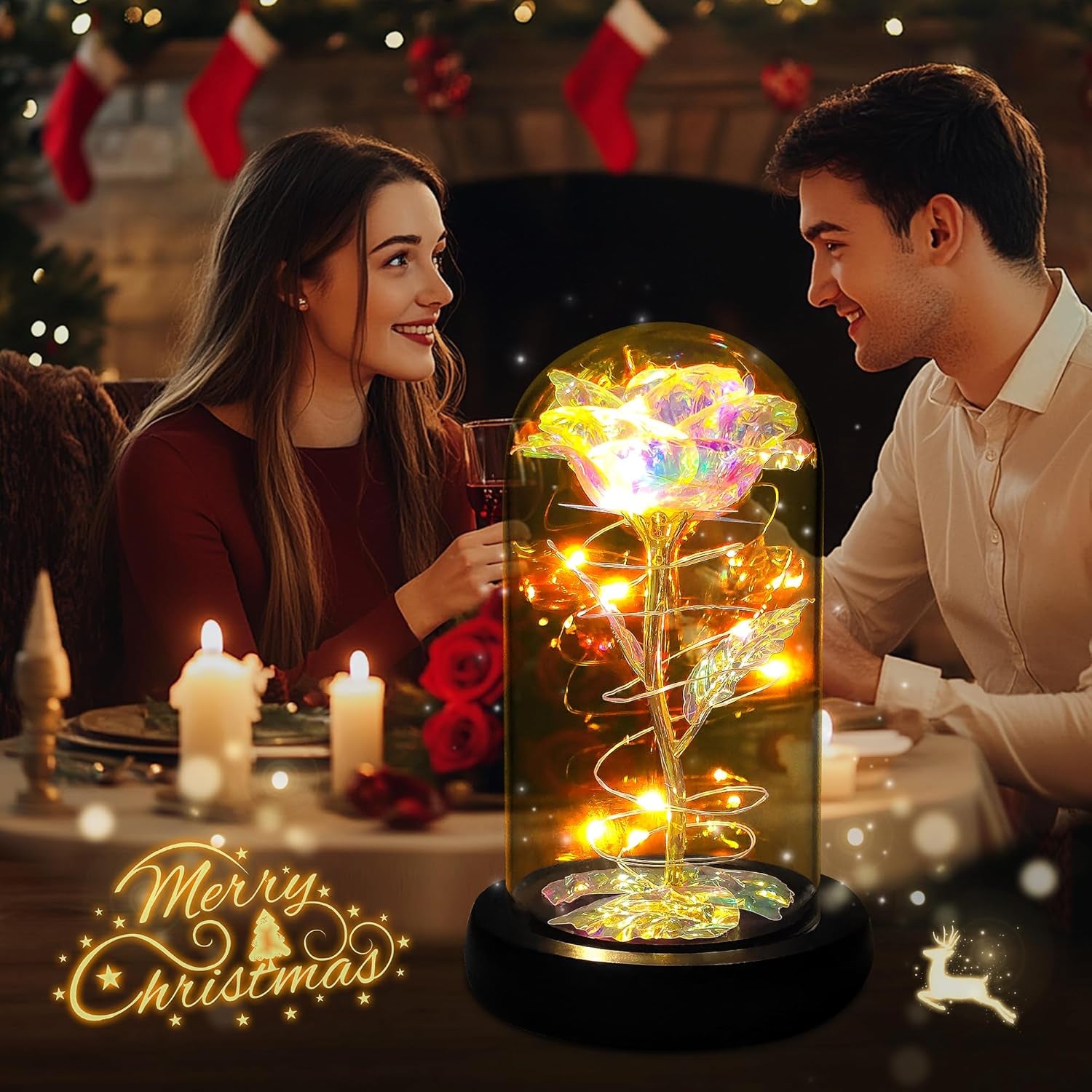 Childom Birthday Gifts for Women,Christmas Flowers Gifts for Her,Women,Mom,Wife,Grandma,Light up Rose in Glass Dome,Colorful Rainbow Flowers for Christmas,Anniversary,Valentines,Birthday