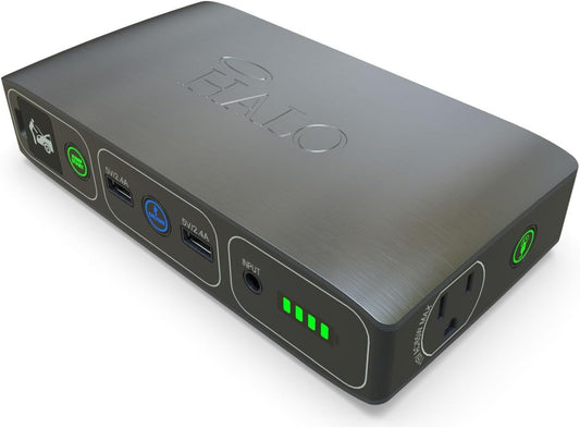 HALO Bolt 58830 ACDC Portable Car Battery Jump Starter | 58.8Wh USB Power Bank with AC Outlet, Emergency Floodlight & Charger, Jumps Cars Suvs & Trucks, Powers Phones & Laptops, TSA Approved — Gray