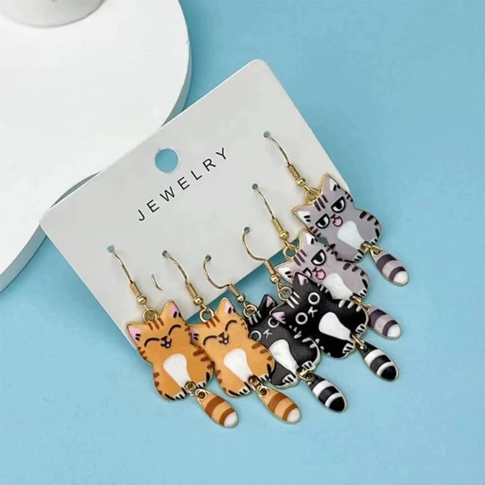 3 Pairs New Fun and Cute Enamel Alloy Hanging Tail Cat Dangle Earrings Colored Cat Ear Jewelry Set Lovely Gift for Women Girls