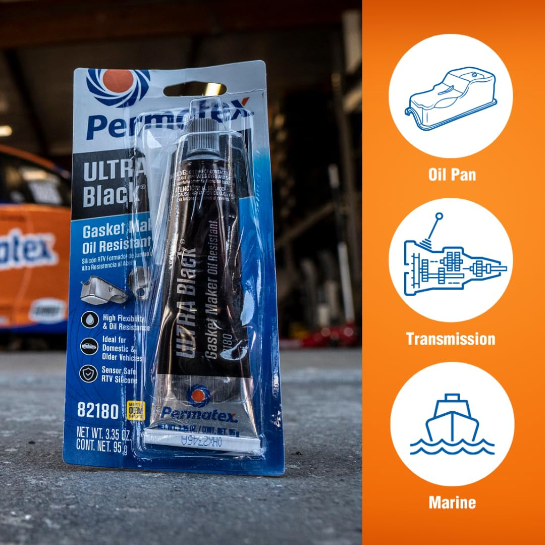 Permatex 82180 Ultra Black Maximum Oil Resistance RTV Silicone Gasket Maker, Sensor Safe and Non-Corrosive, for High Flex and Oil Resistant Applications 3 Oz
