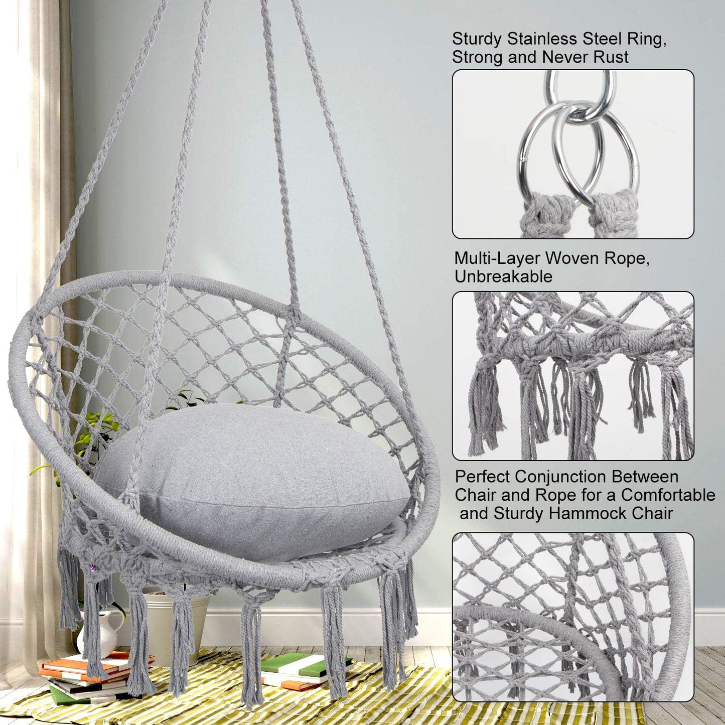 Y- STOP Hammock Chair Macrame Swing, Max 330 Lbs, Hanging Cotton Rope Hammock Swing Chair for Indoor and Outdoor Use, Light Grey