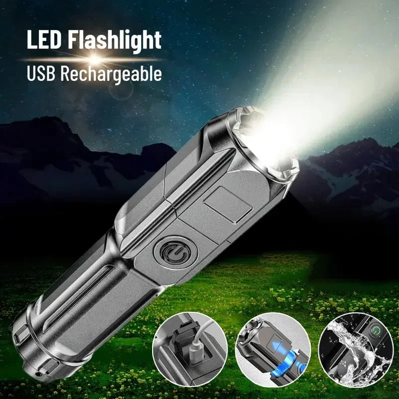 Powerful LED Flashlight USB Rechargeable Tactical Torch with Telescopic Zoom 4 Modes Waterproof Long-Range Outdoor Camping Light