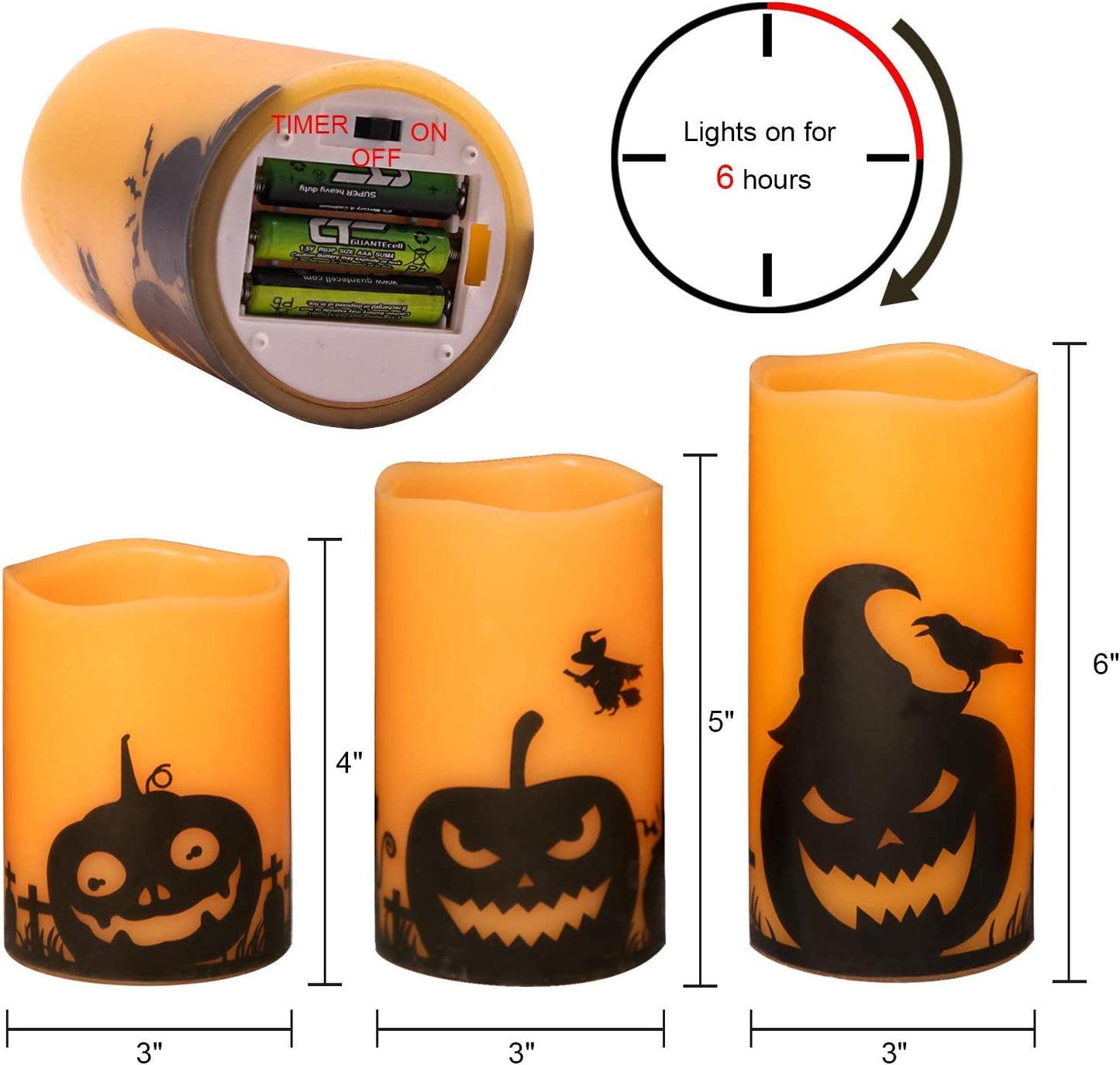 Eldnacele Halloween Flameless Candles, LED Flickering Battery Pillar Candles with 6H Timer and Pumpkin Decals, Spooky Fall Halloween Festival Party Decoration Set of 3 (D 3” X H 4” 5” 6”)