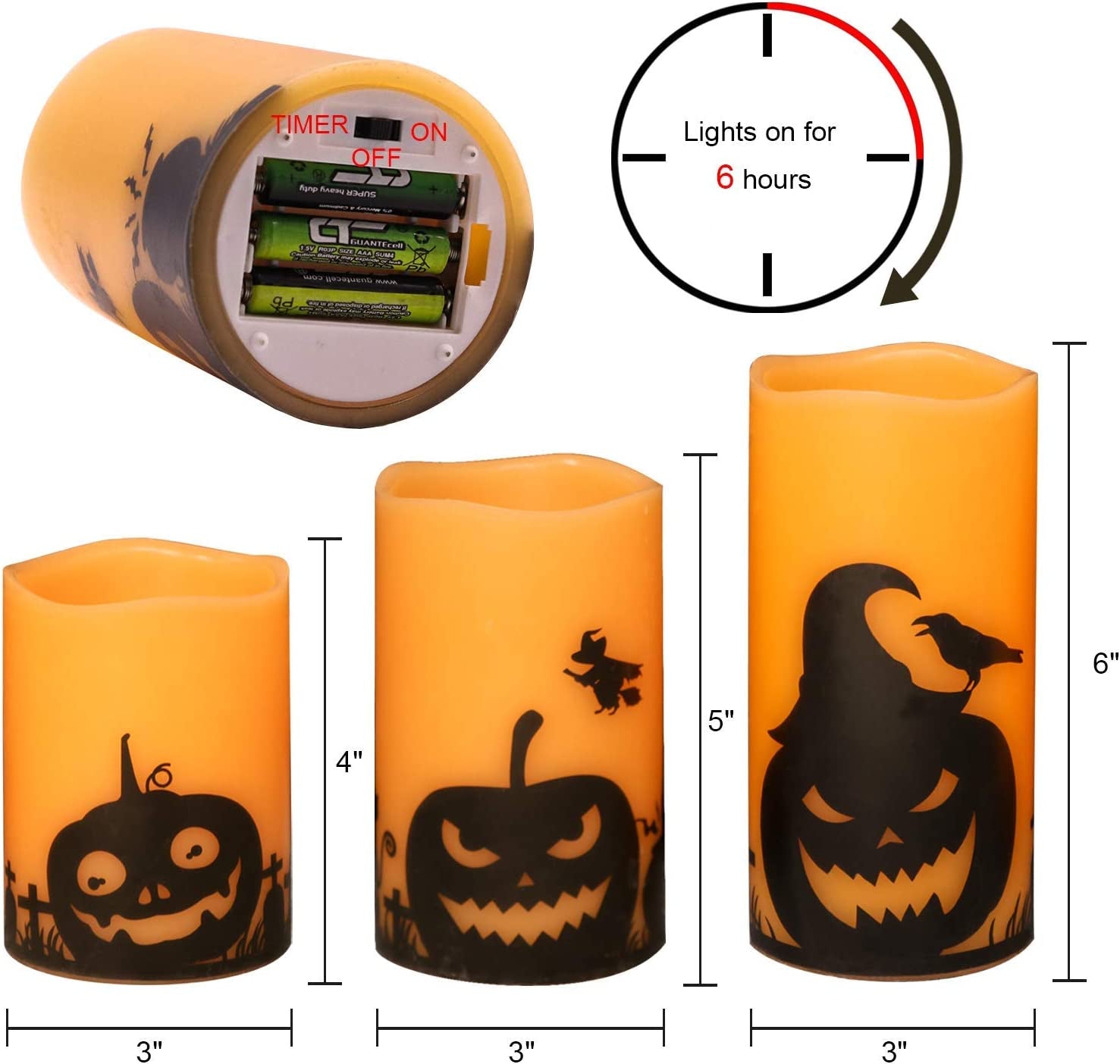 Eldnacele Halloween Flameless Candles, LED Flickering Battery Pillar Candles with 6H Timer and Pumpkin Decals, Spooky Fall Halloween Festival Party Decoration Set of 3 (D 3” X H 4” 5” 6”)