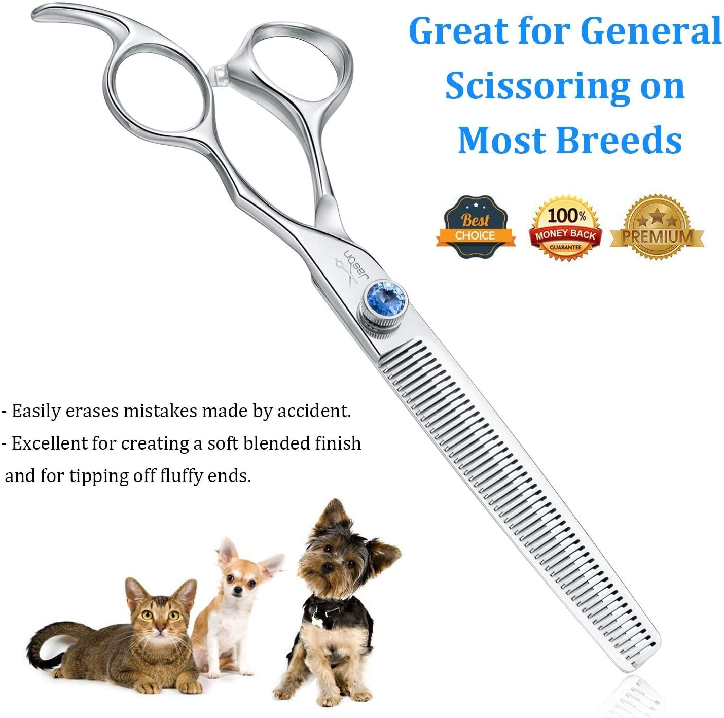 JASON 7" 50 Teeth Thinning Dog Grooming Blending Scissor, Ergonomic Pet Grooming Thinner Blender Shears Cat Trimming Texturizing Kit with Offset Handle and a Jewelled Screw, 30% Thinning Rate
