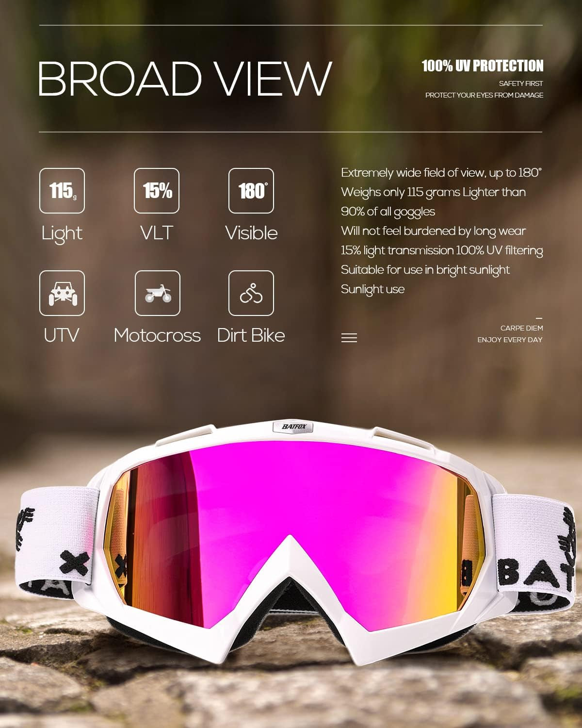 BATFOX Dirt Bike ATV Goggles Motorcycle Gear Riding Motocross Dirtbike 4-Wheeler MX DH Accessories Goggles Glasses for Men Women Youth UV400 Protection Dust-Proof Anti-Slip Strap