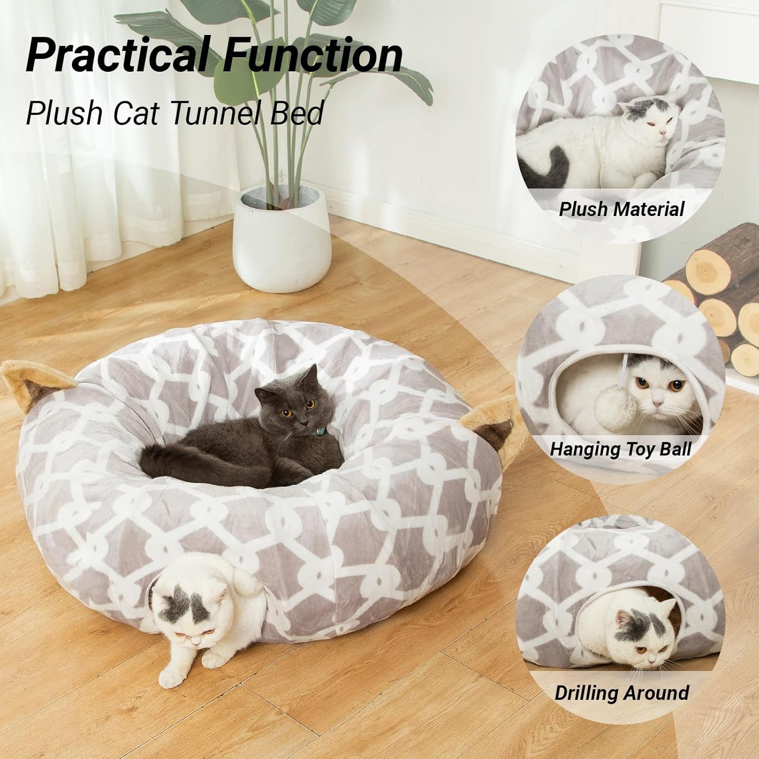 LUCKITTY Large Cat Tunnel Bed with Plush Cover,Fluffy Toy Balls, Small Cushion and Flexible Design- 10 Inch Diameter, 3 Ft Length- Great for Cats, and Small Dogs, Gray Geometric Figure