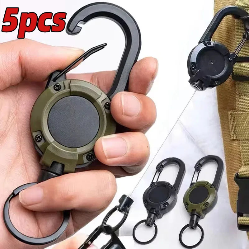 Retractable Heavy Duty Pull Reel Carabiner Strong Steel Wire Rope Buckle Spring Key Ring Outdoor Sporty Attachment Keychain Tool