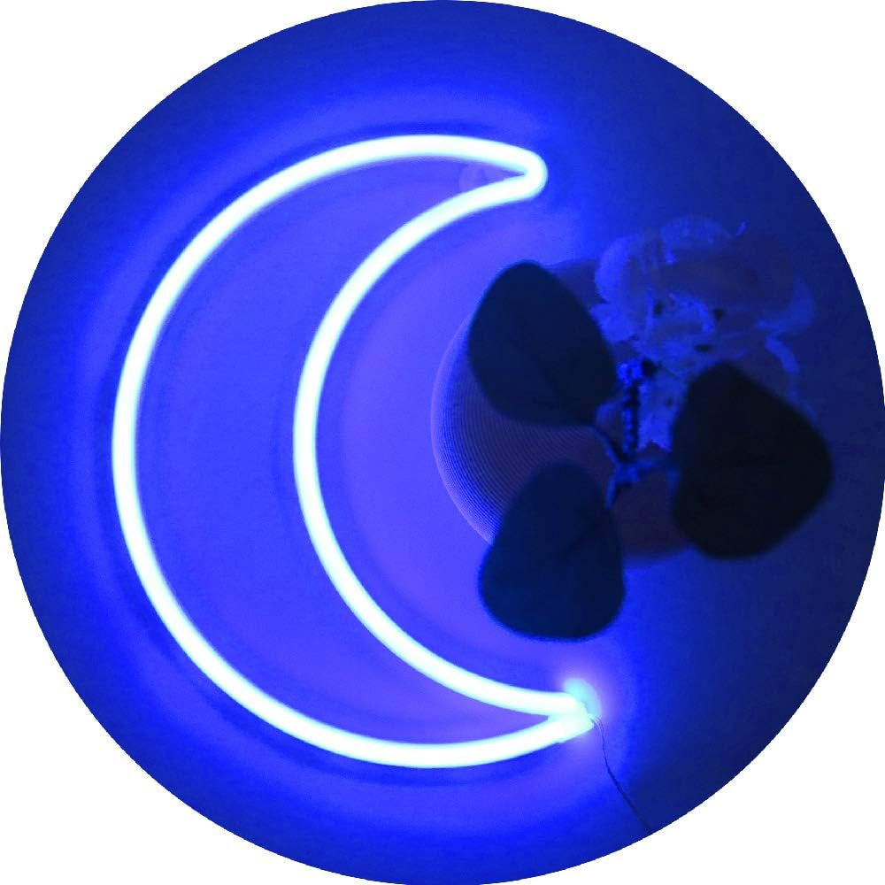 YAOZHOU LED Blue Moon Neon Light, Cute Neon Moon Sign,Christmas Room Decor Battery or USB Powered 5V Art LED Decorative Lights Night Lights Indoor for Home, Bedroom, Office,Dorm,Party (Blue Moon)