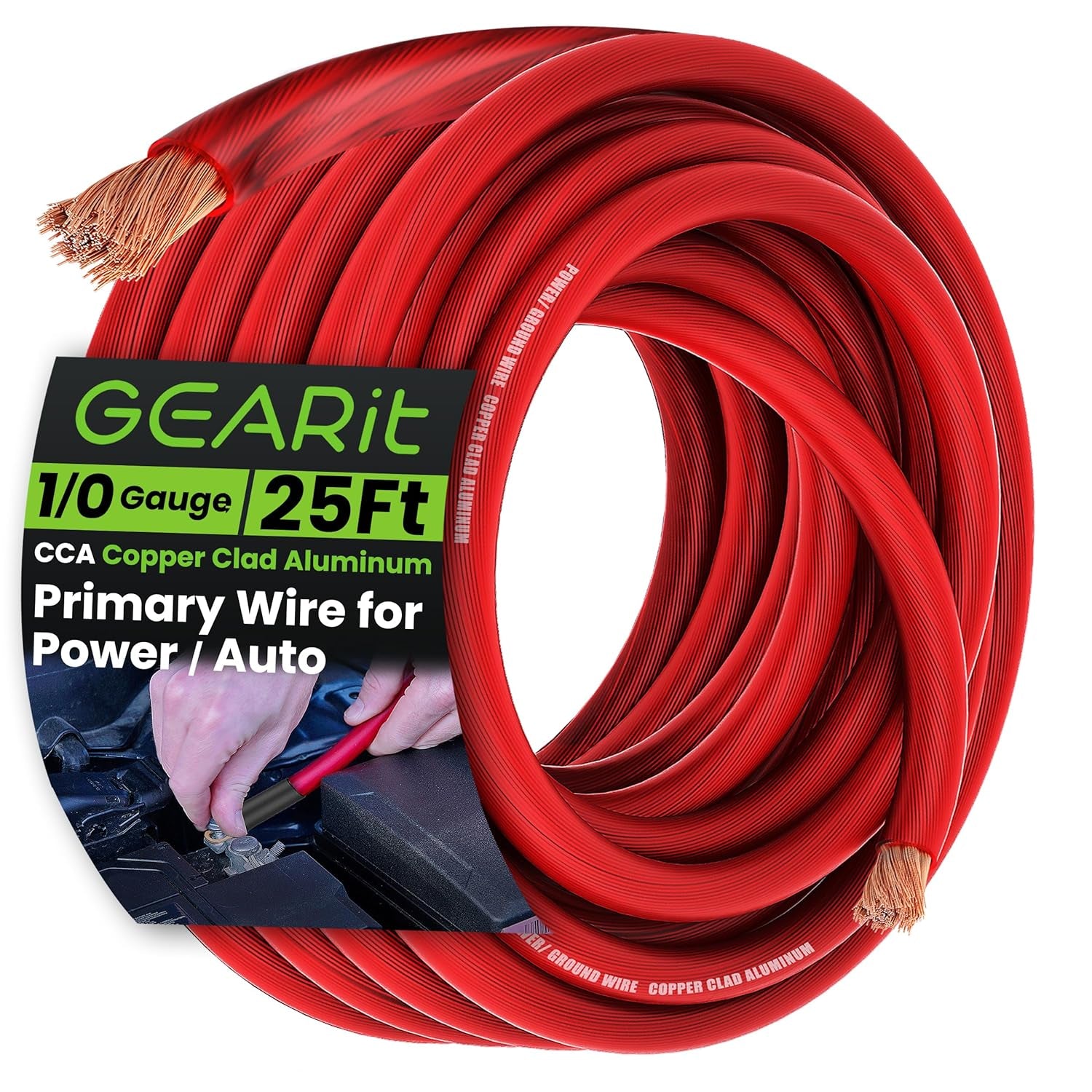 Gearit 1/0 Gauge Wire (25Ft - Red Translucent) Copper Clad Aluminum CCA - Primary Automotive Wire Power/Ground, Battery Cable, Car Audio Speaker, RV Trailer, Amp, Electrical 0Ga AWG 25 Feet