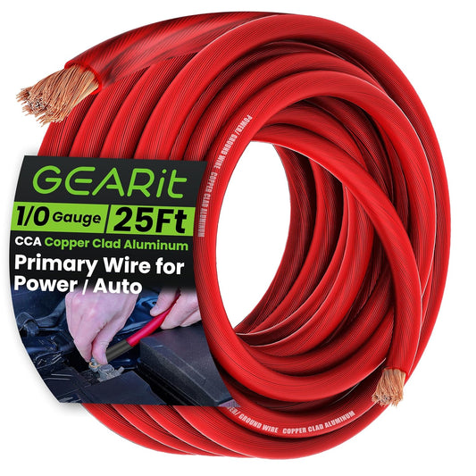 Gearit 1/0 Gauge Wire (25Ft - Red Translucent) Copper Clad Aluminum CCA - Primary Automotive Wire Power/Ground, Battery Cable, Car Audio Speaker, RV Trailer, Amp, Electrical 0Ga AWG 25 Feet