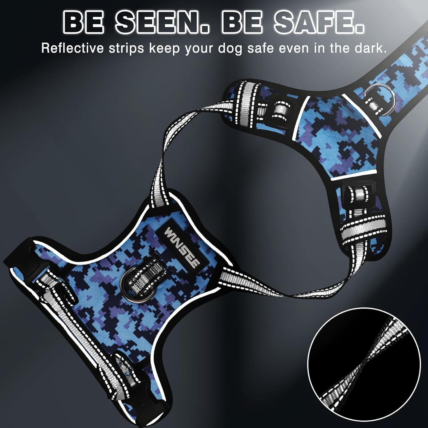 WINSEE Dog Harness No Pull, Pet Harnesses with Dog Collar, Adjustable Reflective Oxford Outdoor Vest, Front/Back Leash Clips for Small, Medium, Large, Extra Large Dogs, Easy Control Handle for Walking