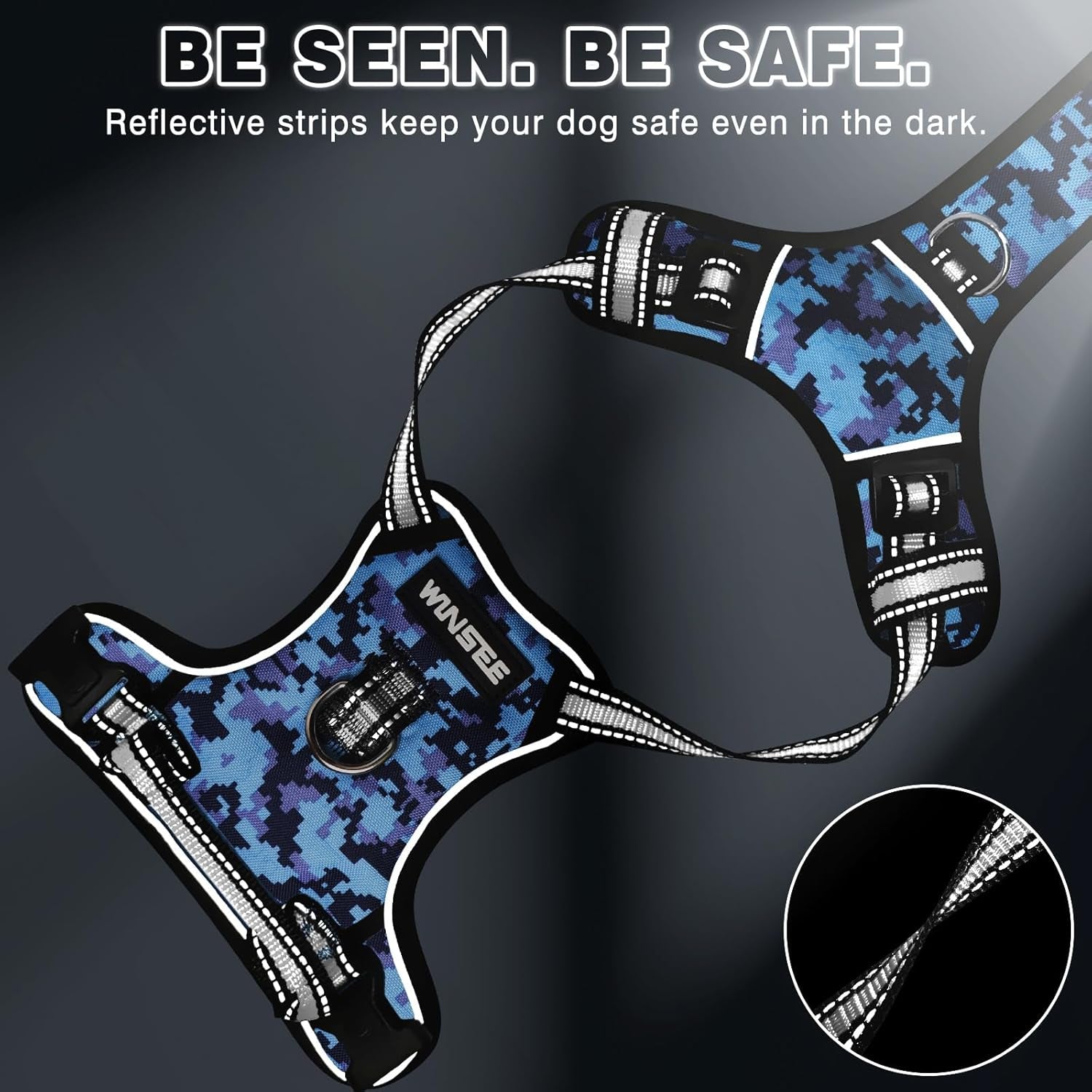 WINSEE Dog Harness No Pull, Pet Harnesses with Dog Collar, Adjustable Reflective Oxford Outdoor Vest, Front/Back Leash Clips for Small, Medium, Large, Extra Large Dogs, Easy Control Handle for Walking