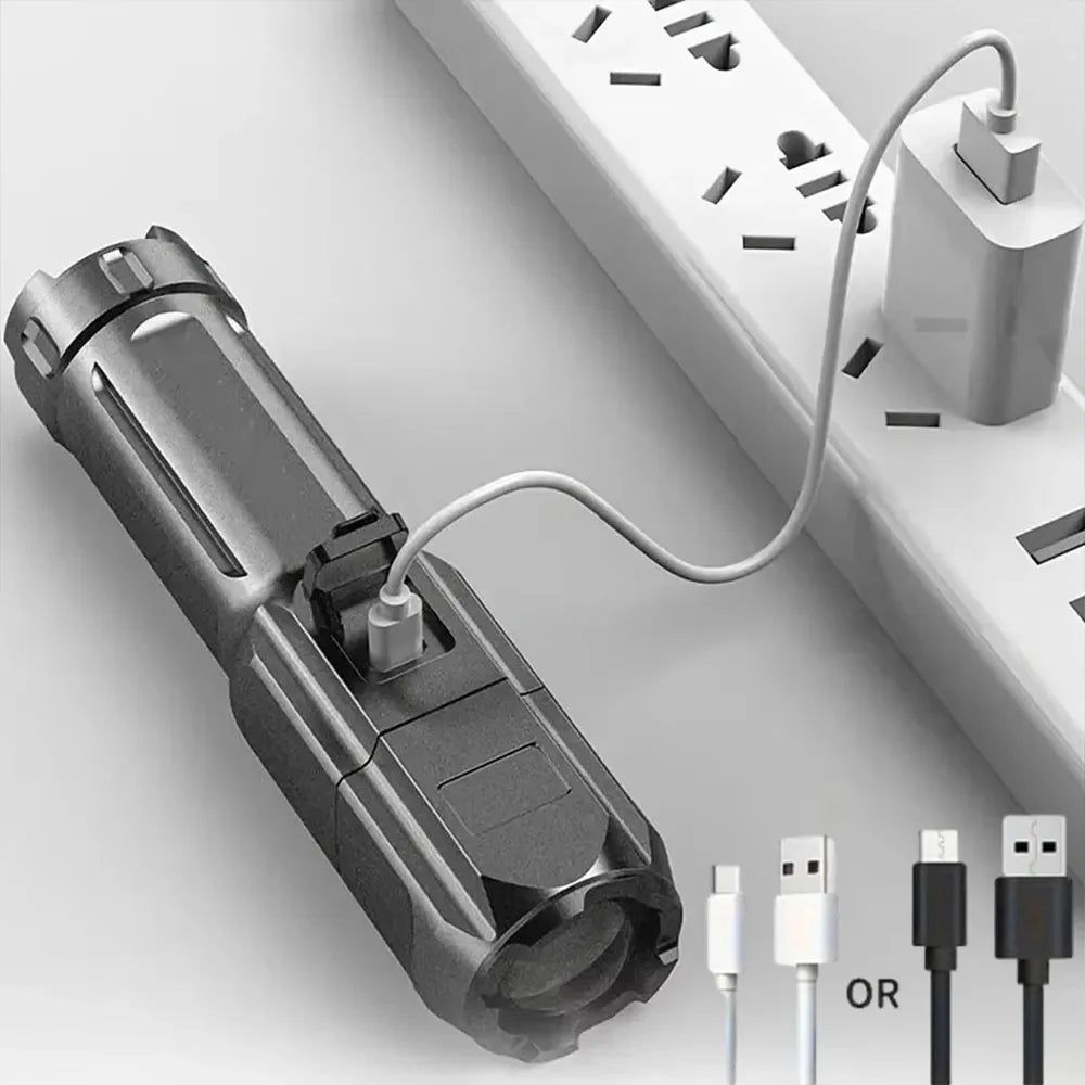 Powerful LED Flashlight USB Rechargeable Tactical Torch with Telescopic Zoom 4 Modes Waterproof Long-Range Outdoor Camping Light