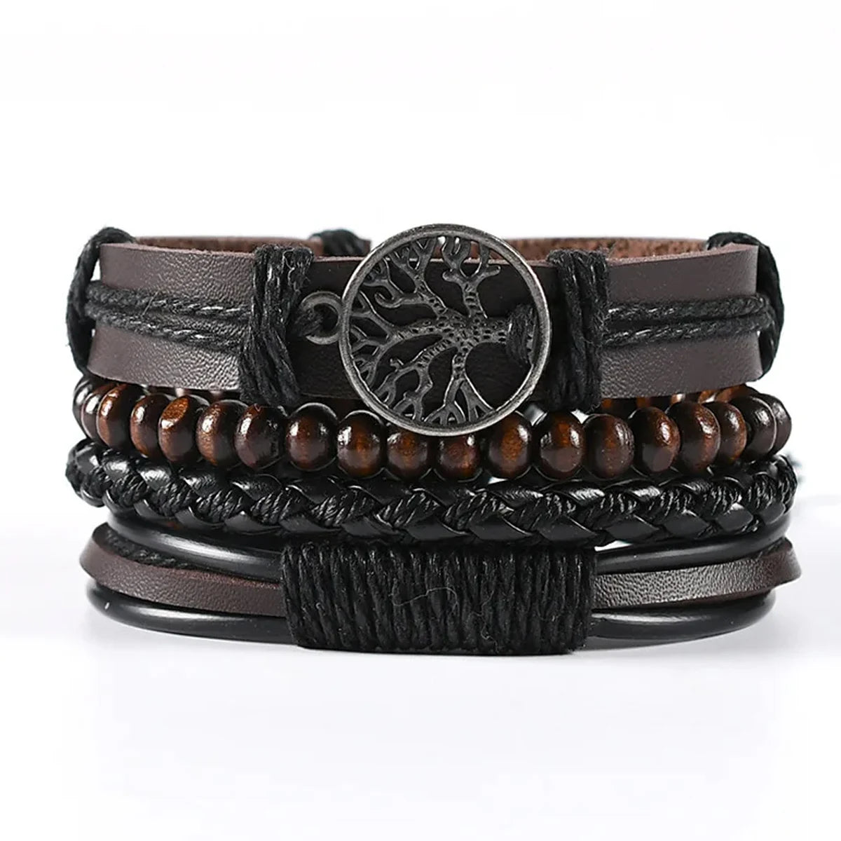 4Pcs/ Set Braided Wrap Leather Bracelets for Men Vintage Life Tree Rudder Charm Wood Beads Ethnic Rope Bracelet