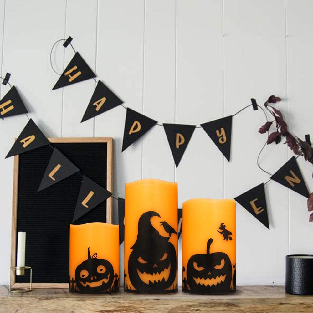 Eldnacele Halloween Flameless Candles, LED Flickering Battery Pillar Candles with 6H Timer and Pumpkin Decals, Spooky Fall Halloween Festival Party Decoration Set of 3 (D 3” X H 4” 5” 6”)
