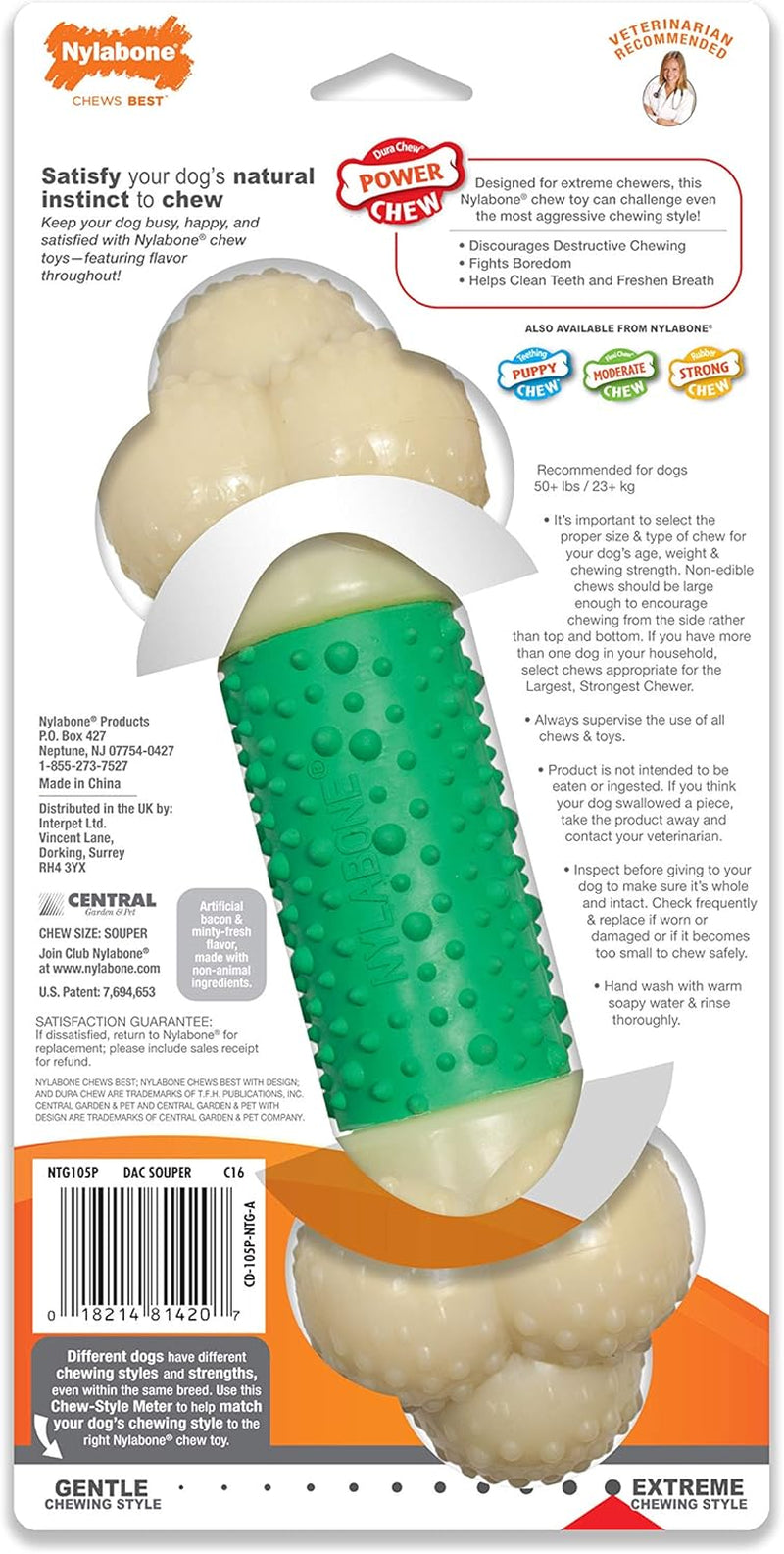 Nylabone Double Action Bone Power Chew Toy for Dogs, Dog Toys for Aggressive Chewers, Bacon Flavor, X-Large - 50+ Lbs, 1 Count