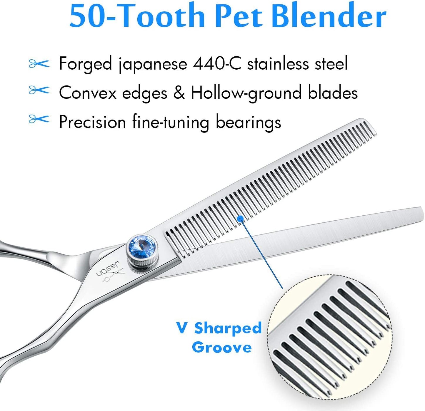JASON 7" 50 Teeth Thinning Dog Grooming Blending Scissor, Ergonomic Pet Grooming Thinner Blender Shears Cat Trimming Texturizing Kit with Offset Handle and a Jewelled Screw, 30% Thinning Rate