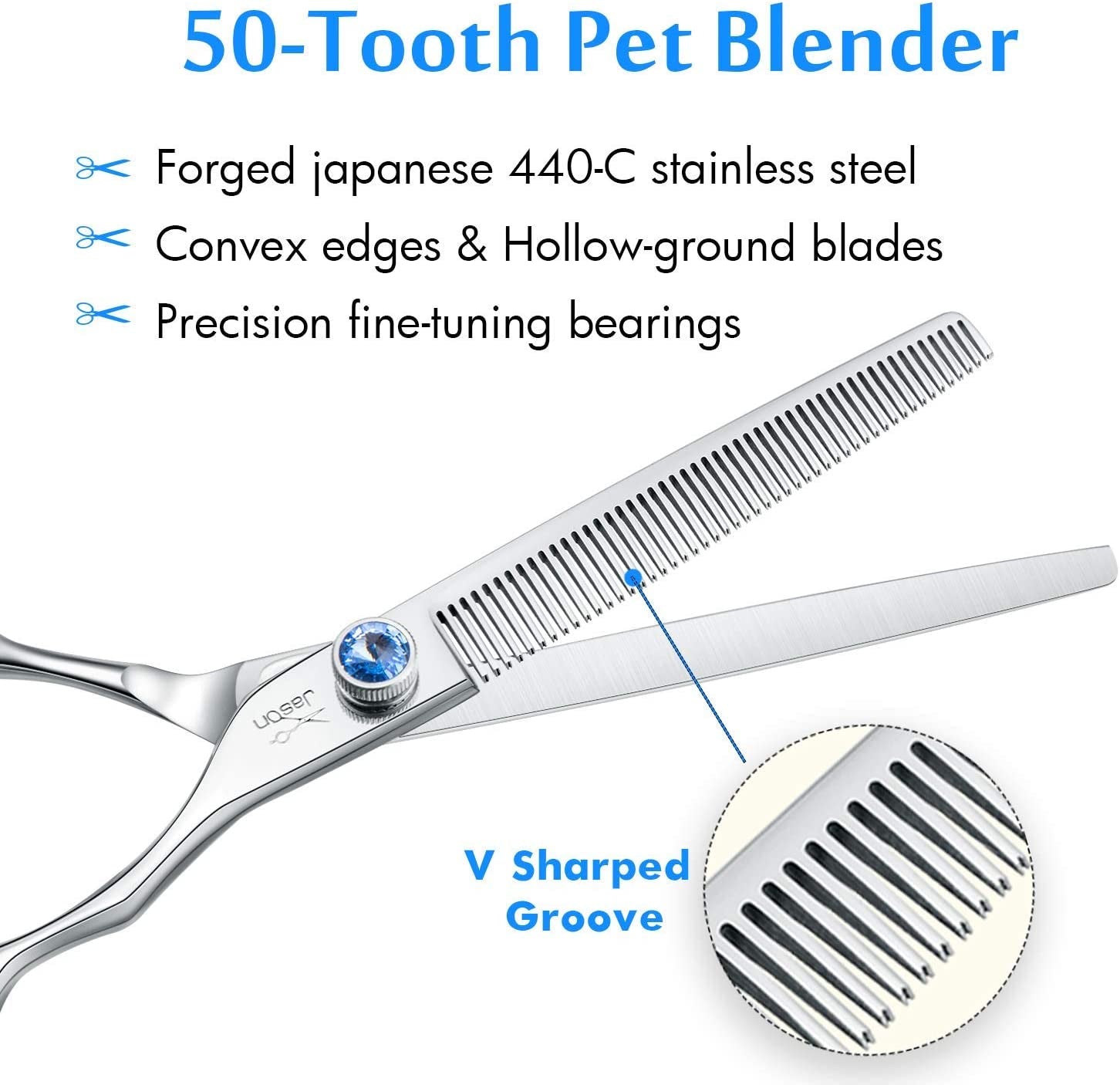 JASON 7" 50 Teeth Thinning Dog Grooming Blending Scissor, Ergonomic Pet Grooming Thinner Blender Shears Cat Trimming Texturizing Kit with Offset Handle and a Jewelled Screw, 30% Thinning Rate