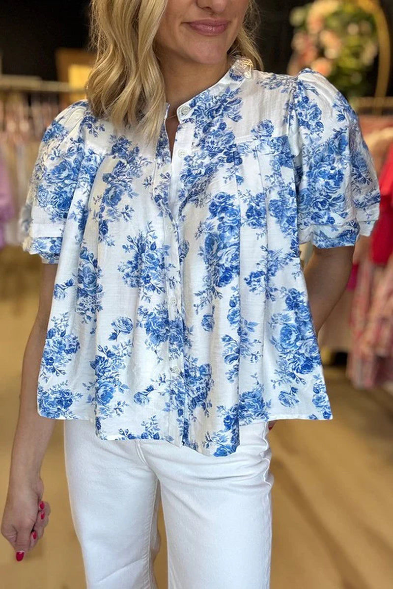 Sky Blue Floral Print Puff Sleeve Pleated Shirt