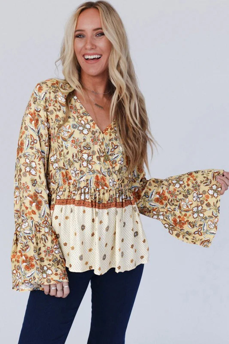 Floral V Neck Wrapped Contrast Peplum Blouse