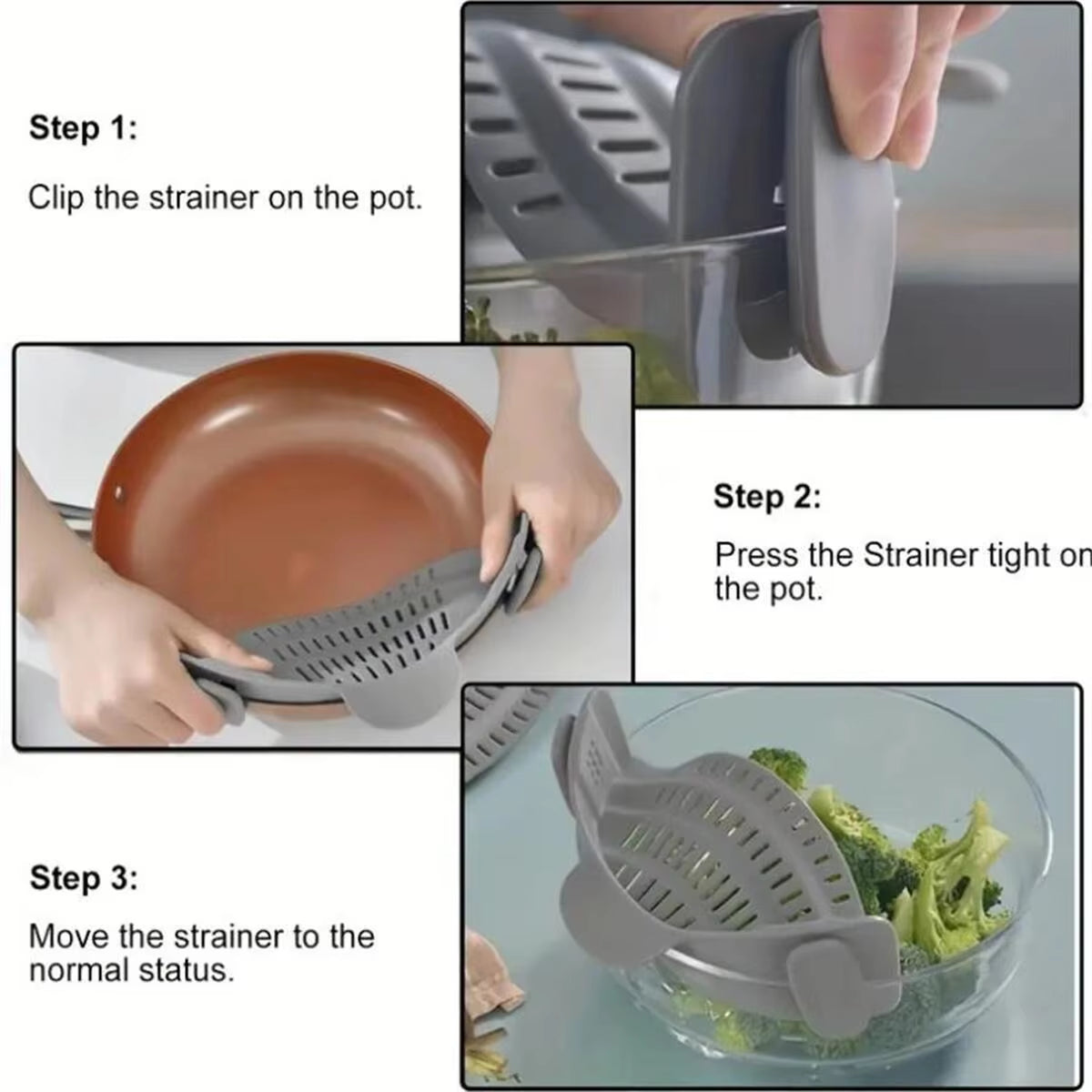 1Pc Adjustable Silicone Clip-On Strainer for Pots, Pans, and Bowls - Handheld Drainer for Noodles, Pasta