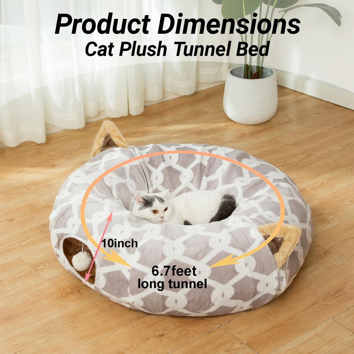 LUCKITTY Large Cat Tunnel Bed with Plush Cover,Fluffy Toy Balls, Small Cushion and Flexible Design- 10 Inch Diameter, 3 Ft Length- Great for Cats, and Small Dogs, Gray Geometric Figure