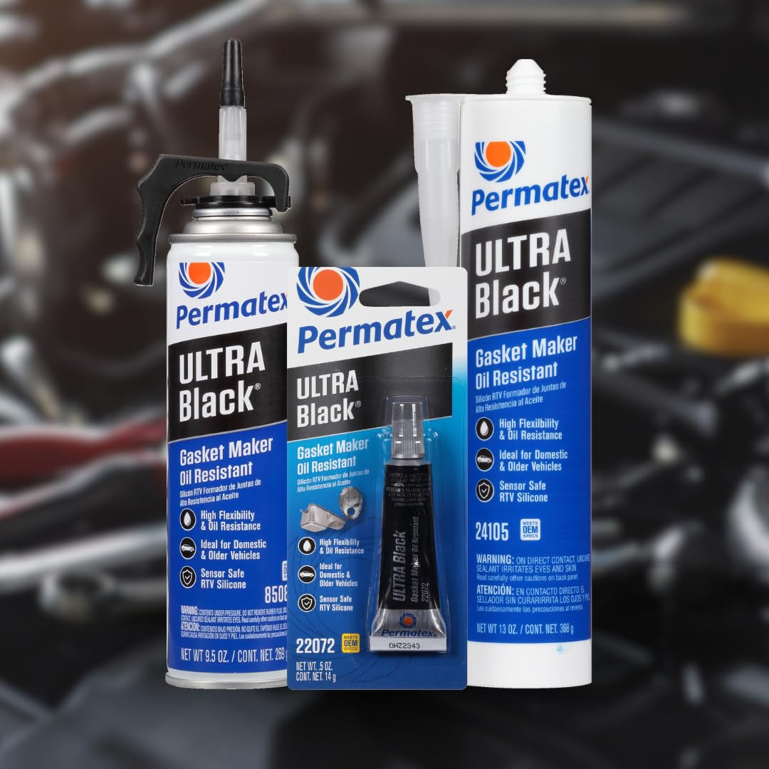 Permatex 82180 Ultra Black Maximum Oil Resistance RTV Silicone Gasket Maker, Sensor Safe and Non-Corrosive, for High Flex and Oil Resistant Applications 3 Oz