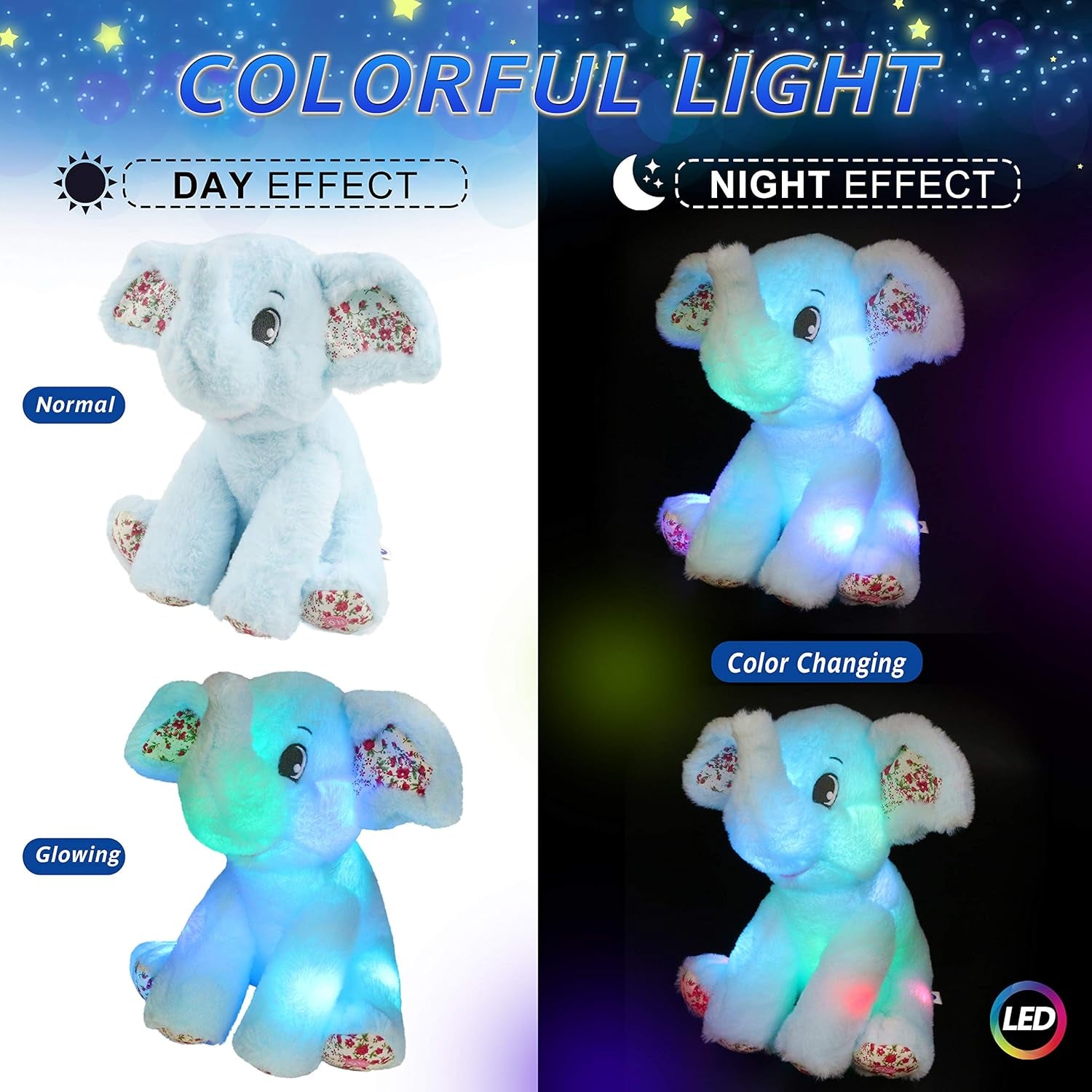 BSTAOFY Light up Elephant Soft Plush Toy Cozy Floppy LED Stuffed Animals Lullabies Nightlight Bedtime for Kids Birthday Valentines for Toddlers 12‘’