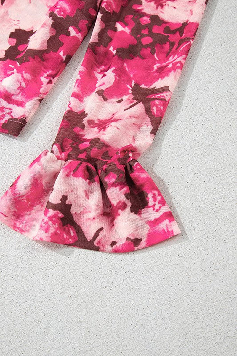 Rose Floral Mesh Flounce Sleeve Mock Neck Blouse