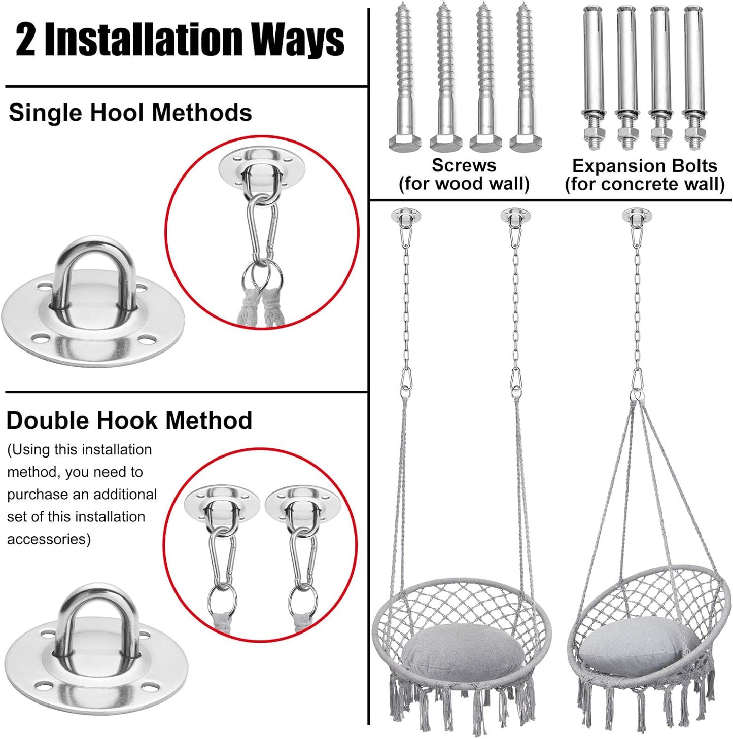 Y- STOP Hammock Chair Macrame Swing, Max 330 Lbs, Hanging Cotton Rope Hammock Swing Chair for Indoor and Outdoor Use, Light Grey