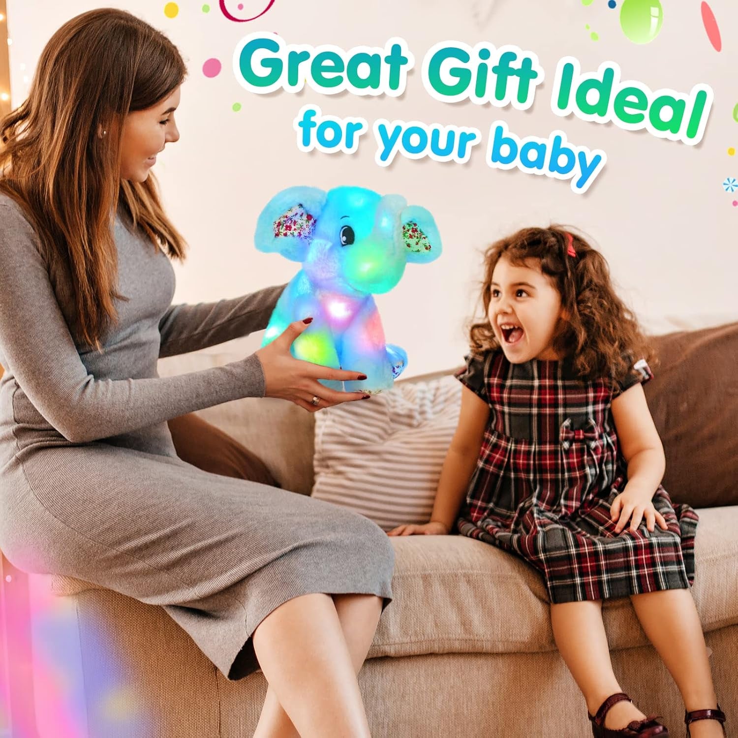 BSTAOFY Light up Elephant Soft Plush Toy Cozy Floppy LED Stuffed Animals Lullabies Nightlight Bedtime for Kids Birthday Valentines for Toddlers 12‘’