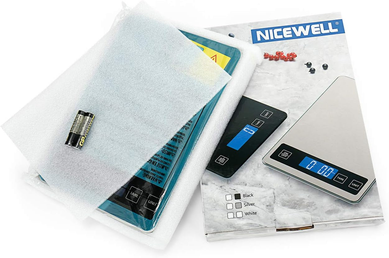 Nicewell Food Scale, 22Lb Digital Kitchen Scale Weight Grams and Oz for Cooking Baking, 1G/0.1Oz Precise Graduation, Stainless Steel and Tempered Glass (Ash Silver)