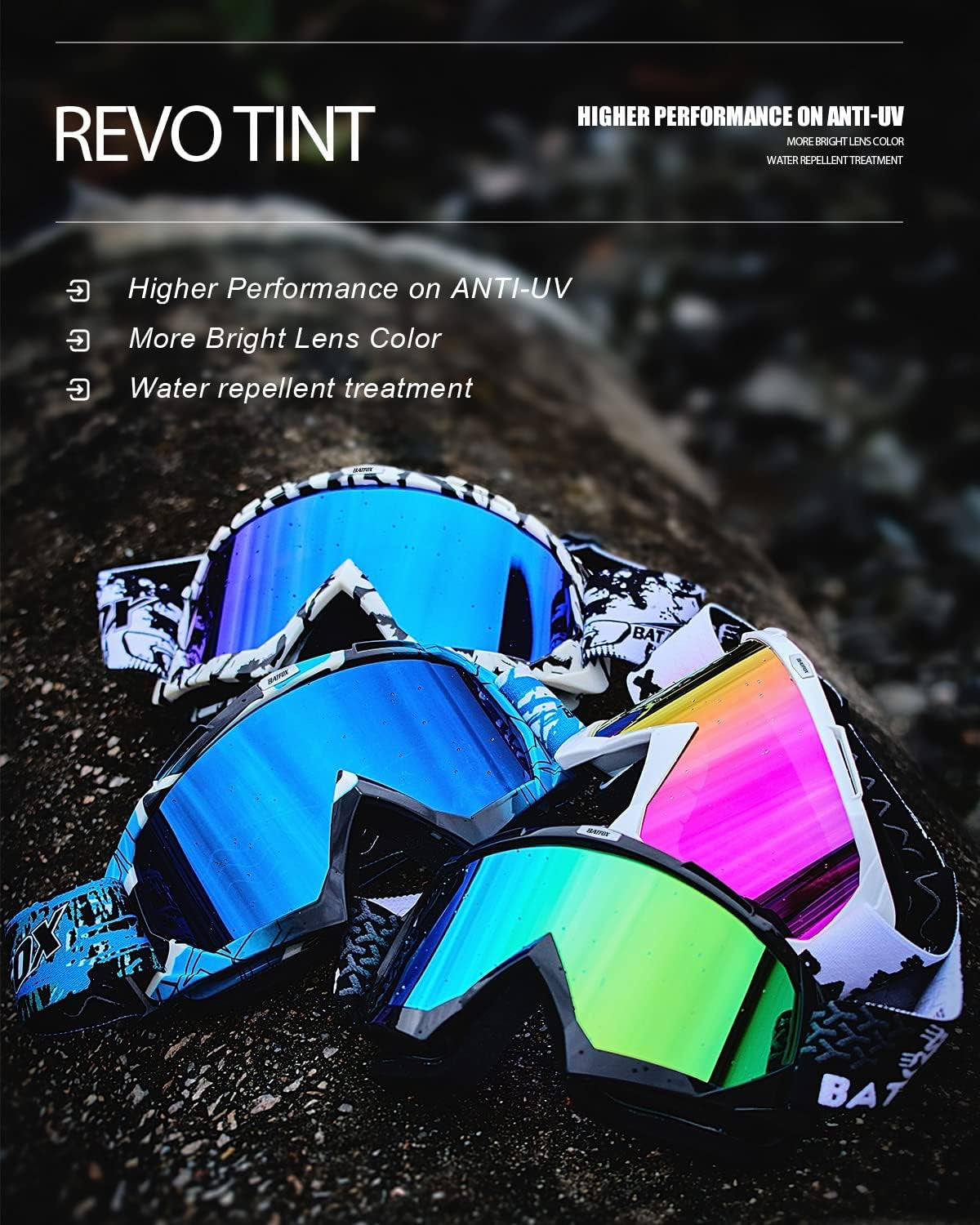 BATFOX Dirt Bike ATV Goggles Motorcycle Gear Riding Motocross Dirtbike 4-Wheeler MX DH Accessories Goggles Glasses for Men Women Youth UV400 Protection Dust-Proof Anti-Slip Strap