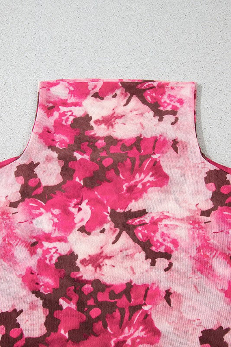 Rose Floral Mesh Flounce Sleeve Mock Neck Blouse