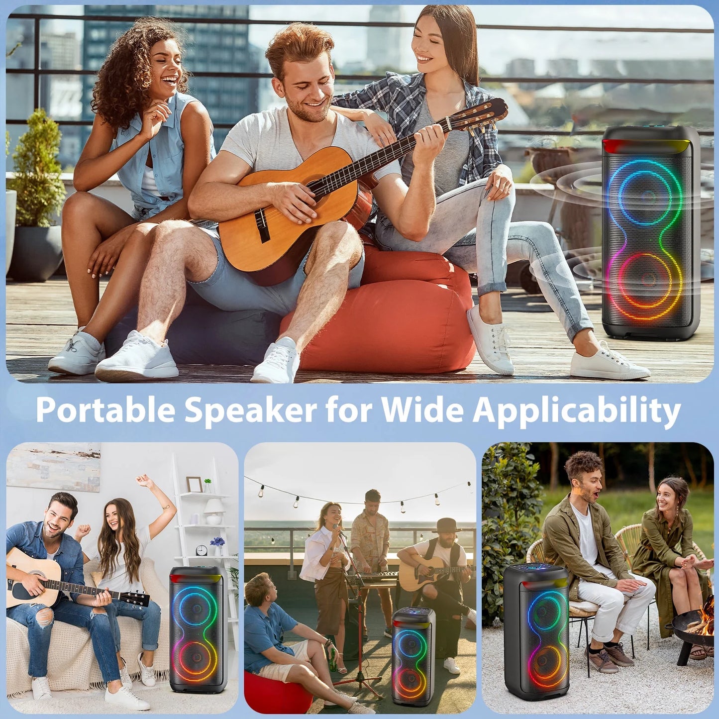 Speaker, Big Bluetooth Speaker with DJ Lights, Portable Wireless Large Party Speaker with Remote Control for Outdoor