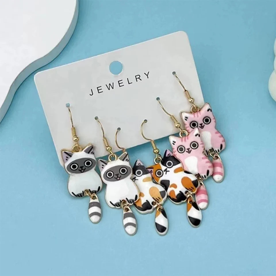 3 Pairs New Fun and Cute Enamel Alloy Hanging Tail Cat Dangle Earrings Colored Cat Ear Jewelry Set Lovely Gift for Women Girls
