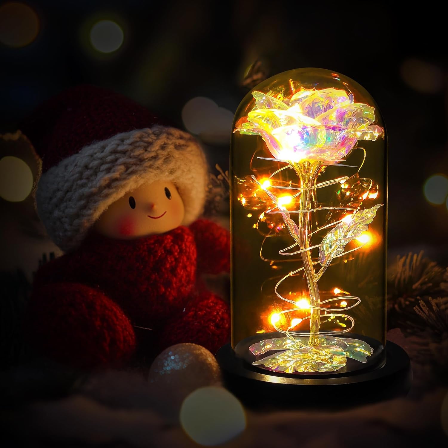 Childom Birthday Gifts for Women,Christmas Flowers Gifts for Her,Women,Mom,Wife,Grandma,Light up Rose in Glass Dome,Colorful Rainbow Flowers for Christmas,Anniversary,Valentines,Birthday