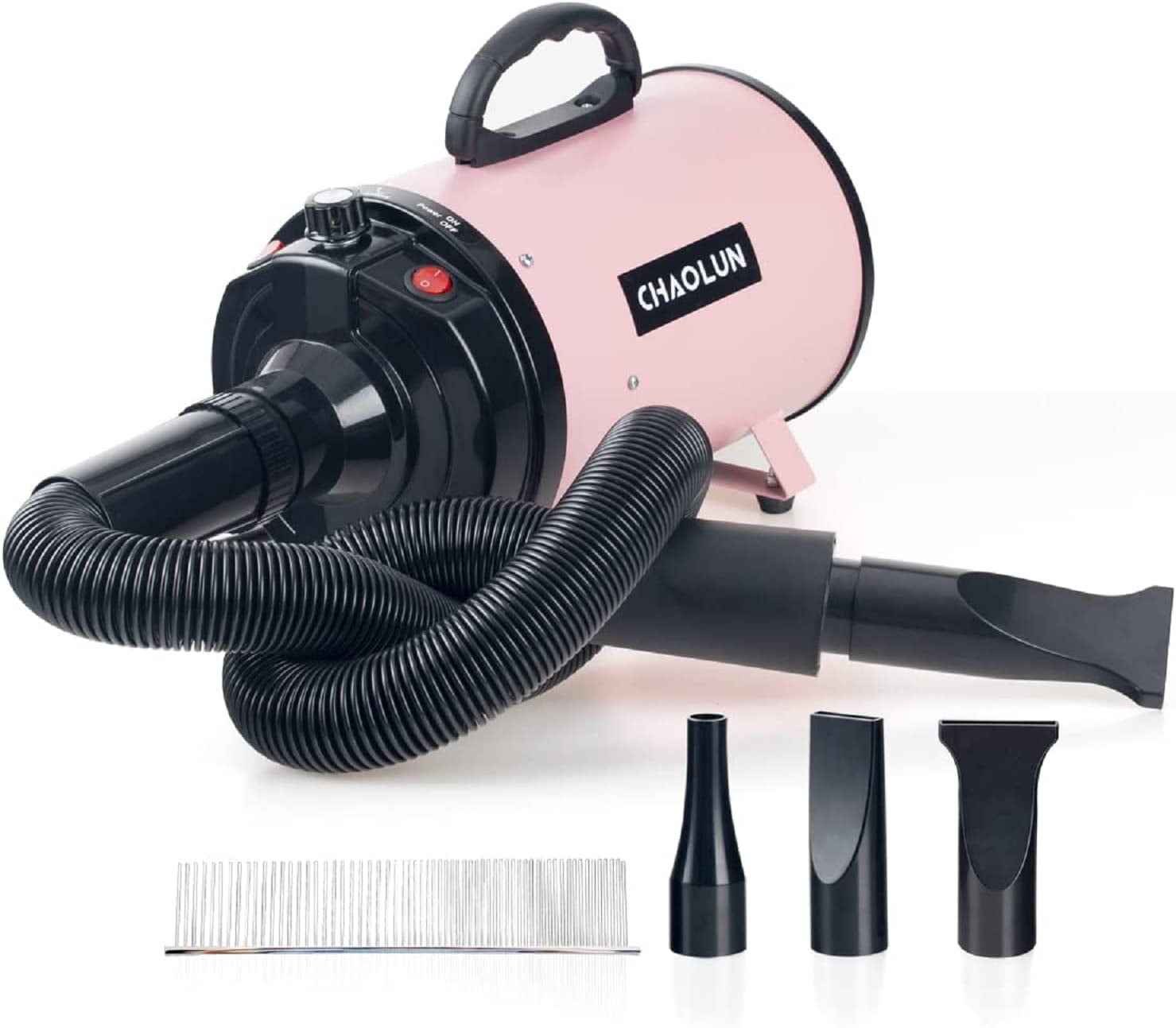 Dog Dryer for Pet Grooming, High Velocity Pet Hair Dryer with Heater, Adjustable Speed, 3 Nozzles and a Comb, Pink