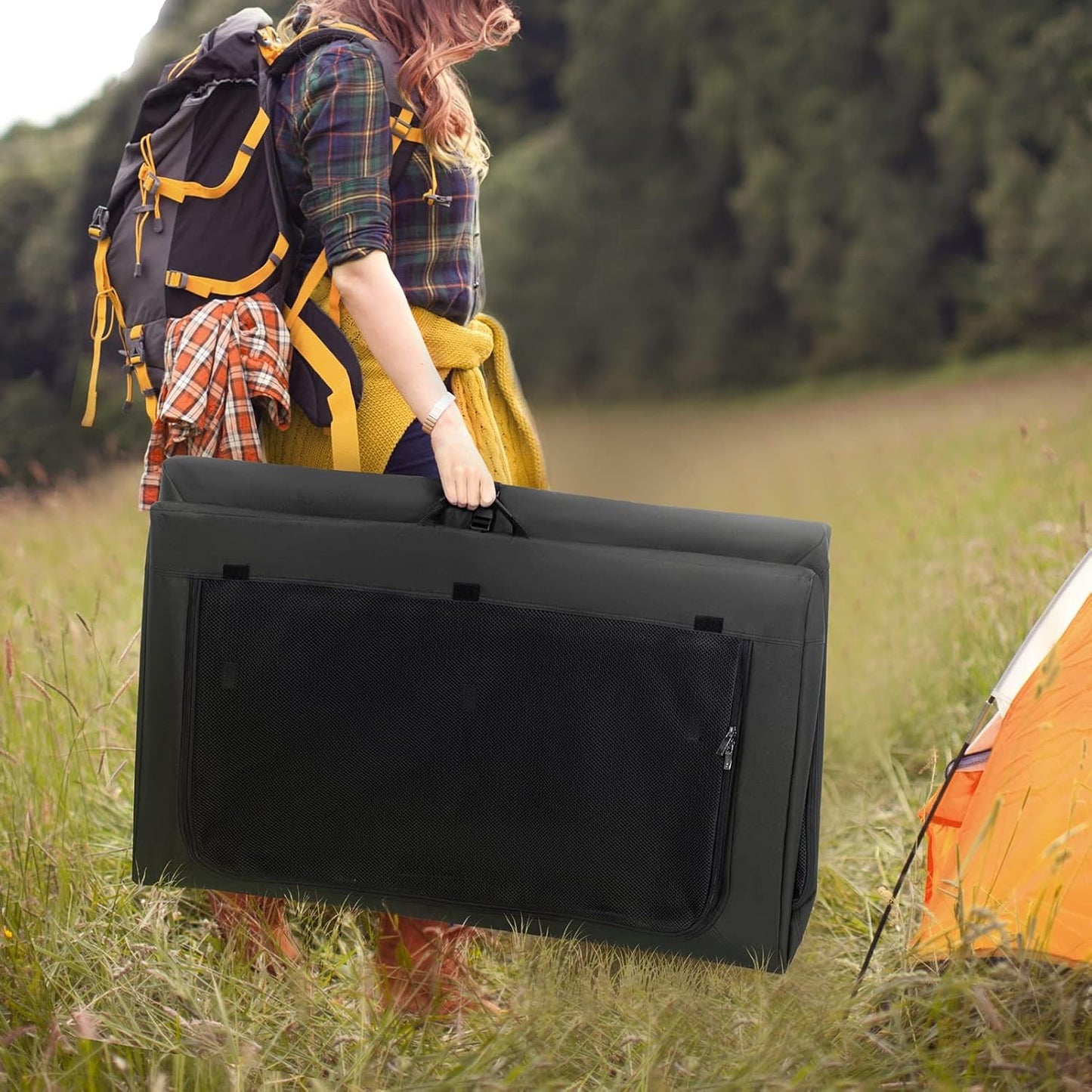 PETSFIT Portable Dog Crate, Soft Dog Crate - 24 Inch Easy Set-Up, Light, Sturdy, Comfy inside with Thicken Mat, Collapsible Crate for Home and Travel Black