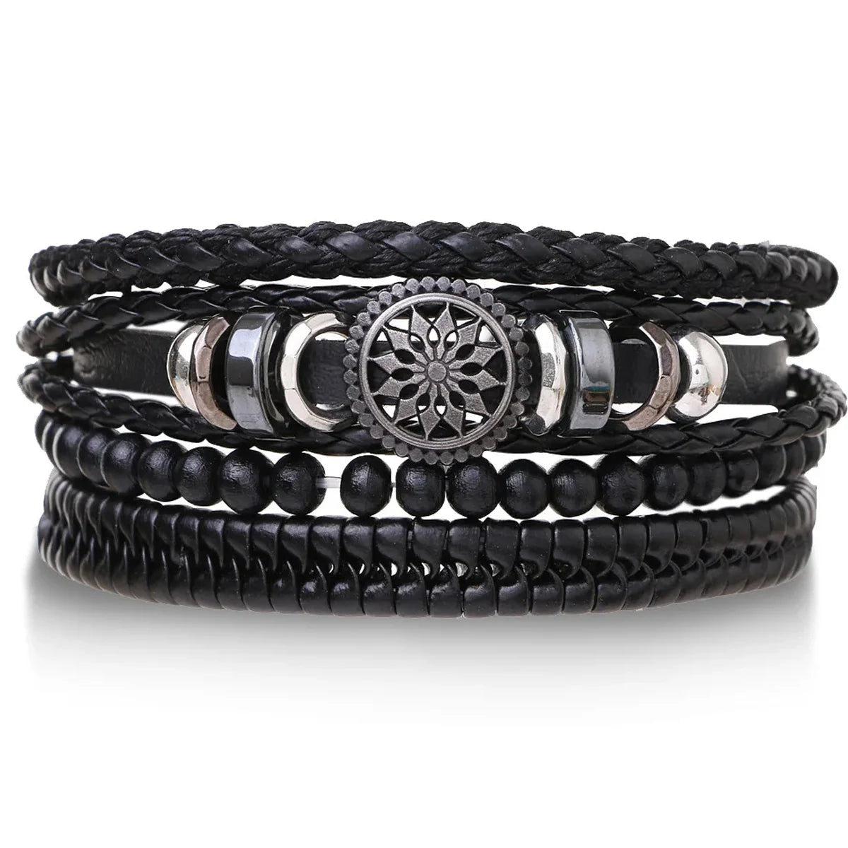 4Pcs/ Set Braided Wrap Leather Bracelets for Men Vintage Life Tree Rudder Charm Wood Beads Ethnic Rope Bracelet