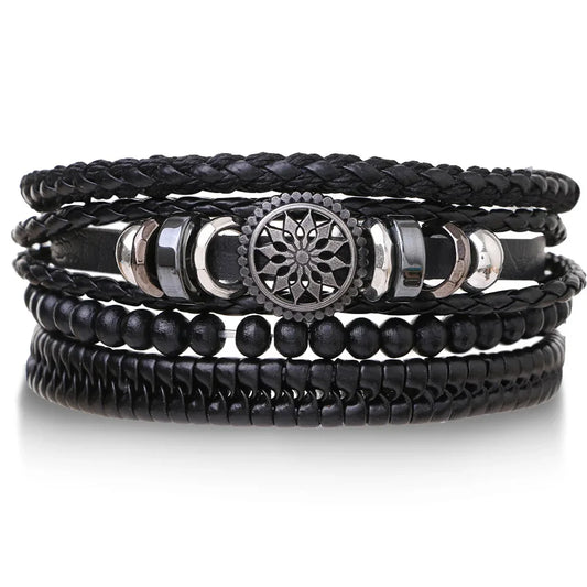 4Pcs/ Set Braided Wrap Leather Bracelets for Men Vintage Life Tree Rudder Charm Wood Beads Ethnic Rope Bracelet