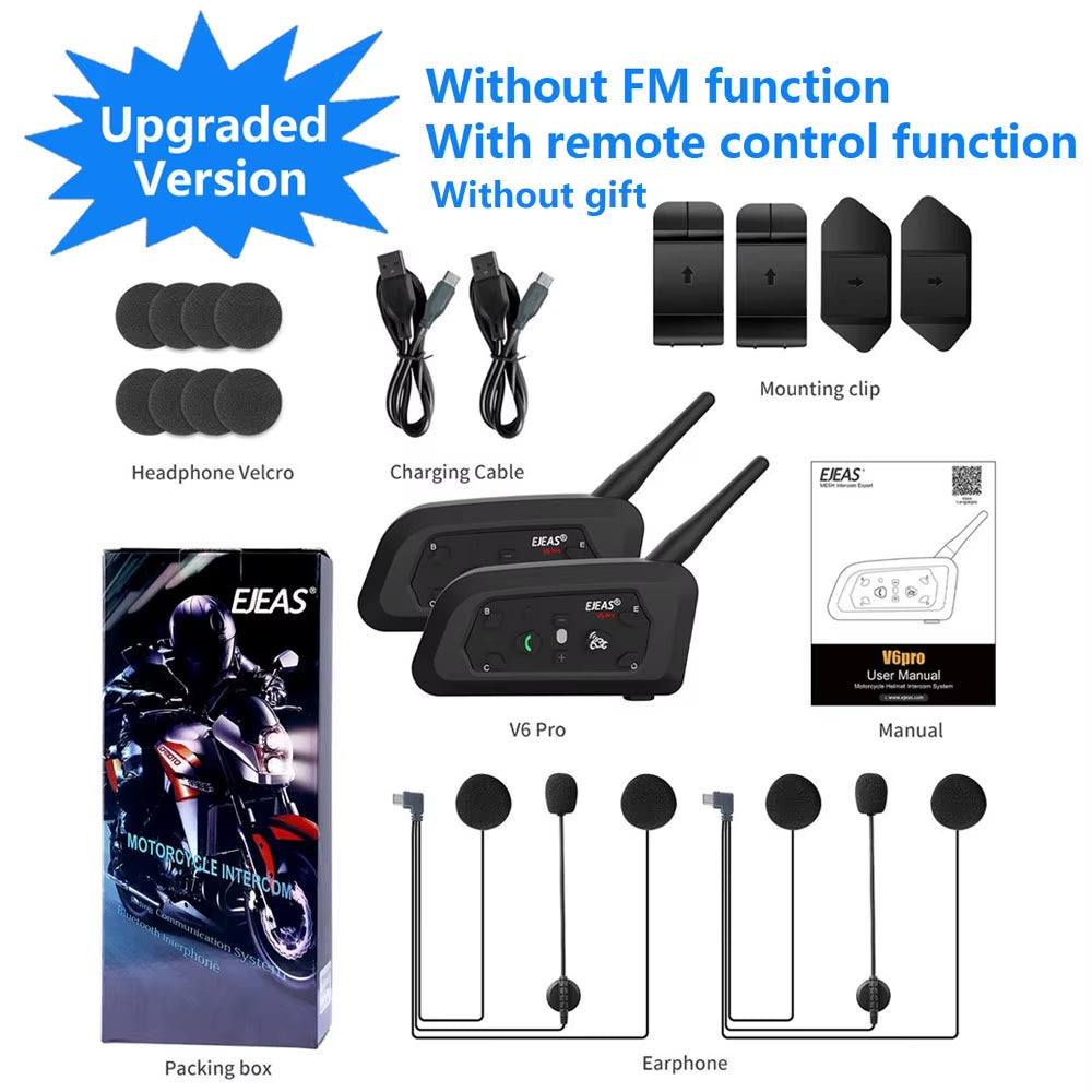 V6 PRO+ Bluetooth Motorcycle Helmet Intercom Headset with 1200M BT Interphone Communicator for 6 Riders Waterproof